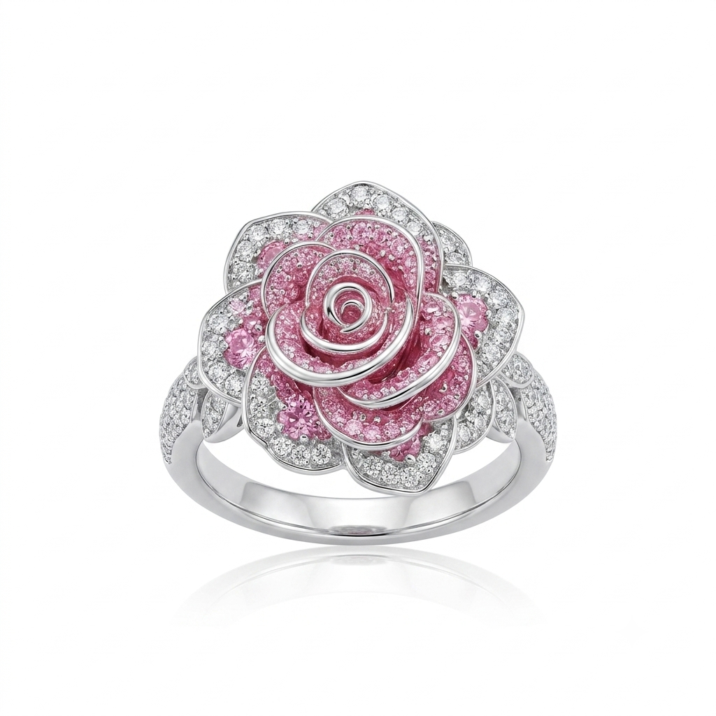 Exotic Silver-Plated Ring with Pink Flowers