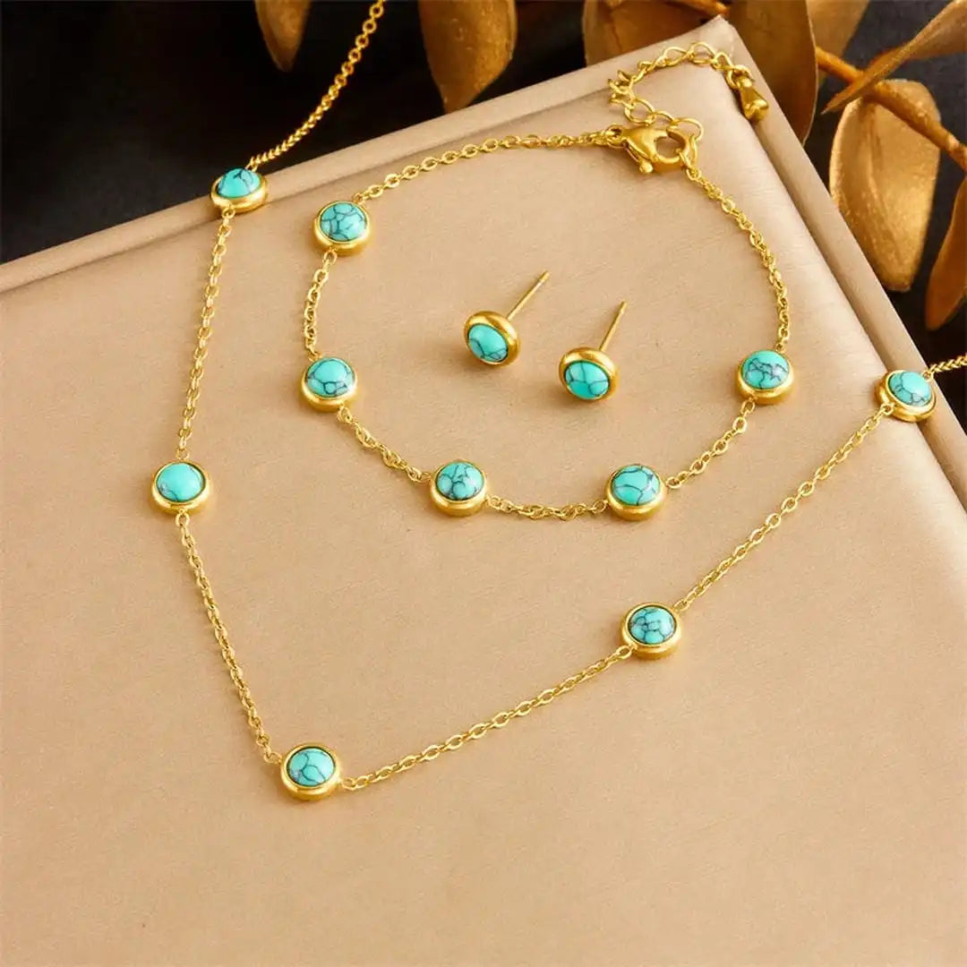 Bohemian Silver Turquoise Necklace, Earrings & Bracelet Set