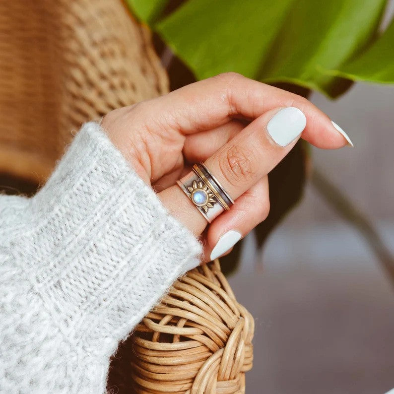 Two-Tone Sun Moonstone Ring with Wide Silver and Gold-Toned Band
