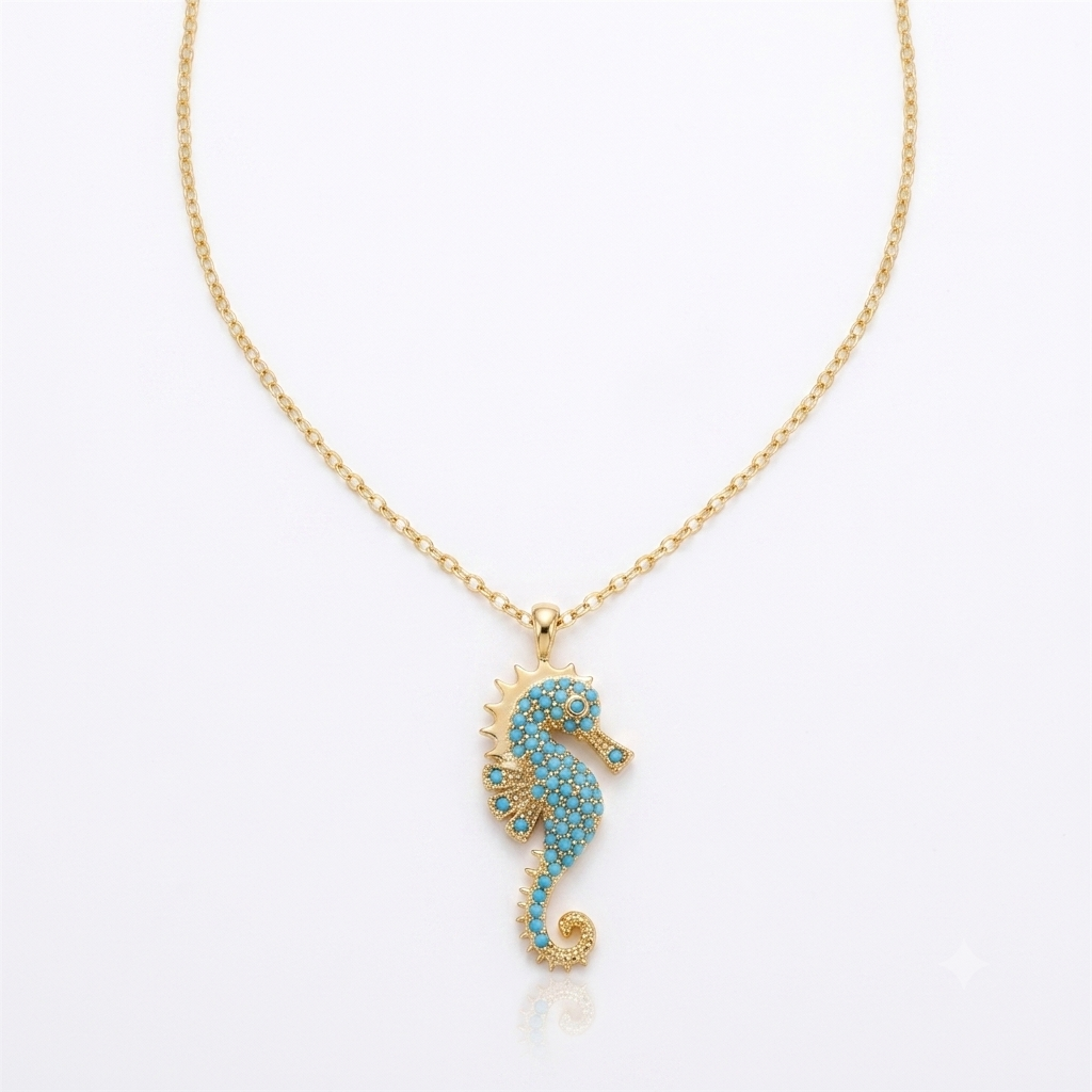 Gold Seahorse Turquoise Pendant Necklace