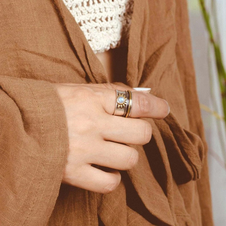 Two-Tone Sun Moonstone Ring with Wide Silver and Gold-Toned Band