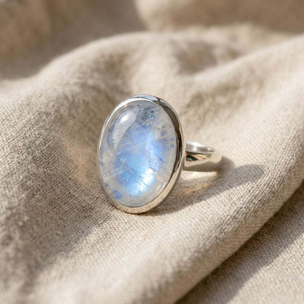 Vintage Silver-Toned Oval Moonstone Ring